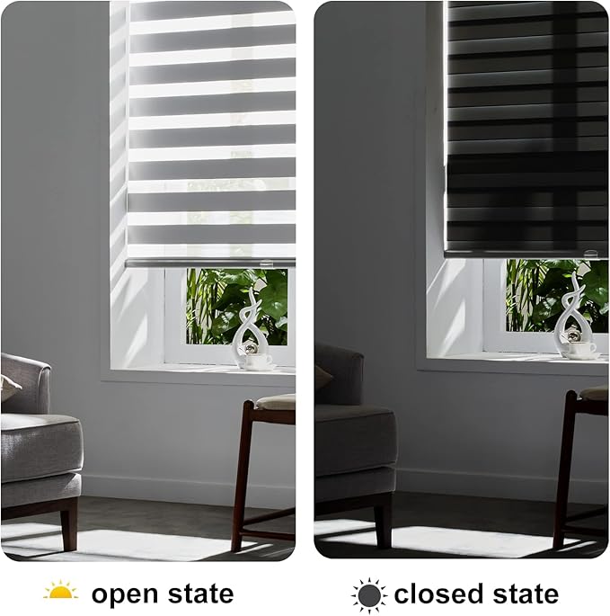 Persilux Cordless Zebra Blinds for Windows Free-Stop Roller Windows Shades (31" W X 47" H, Grey) Dual Layer Light Control for Day and Night, Light Filtering Sheer Shades for Home, Bedroom