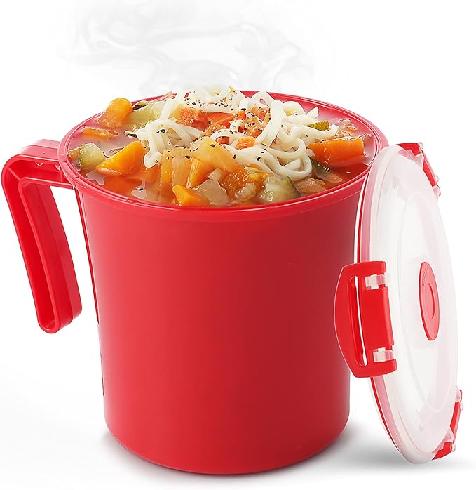 Tafura 22oz Microwave Soup Mugs with Handles, 2 Pack - Red Mug with Clear Lid