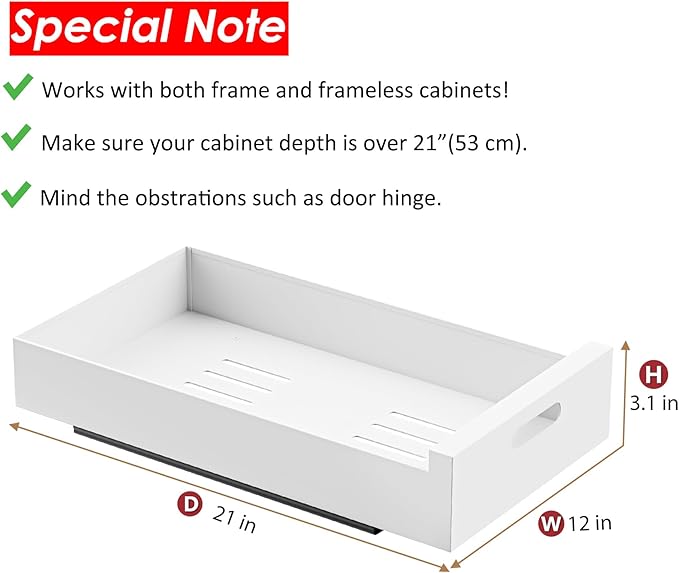 HBL' 2 Pack | 21" Deep Pull Out Cabinet Organizer Adhesive, 12-Inch Wide Sturdy Carbon Steel Roll-Out Drawers for Face Frame or Frameless Cabinets,Slide-Out Shelves for Pantry.