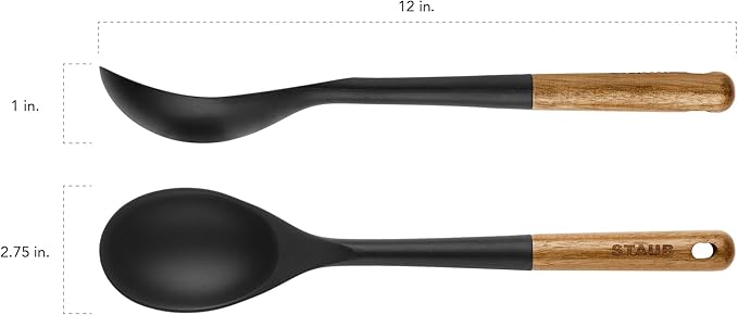 STAUB Serving Spoon, Great for Scooping Sides and Serving Hearty Stews, Durable BPA-Free Matte Black Silicone, Acacia Wood Handles, Safe for Nonstick Cooking Surfaces