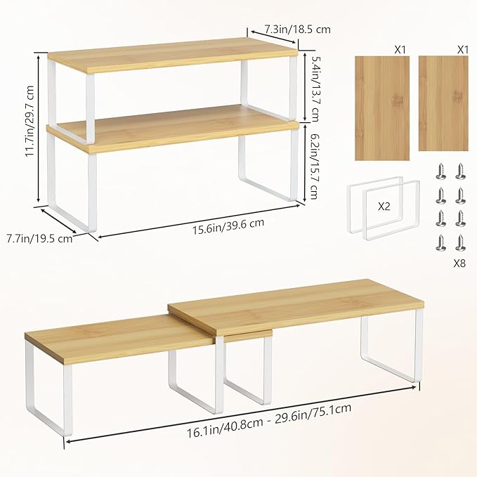 NEX Bamboo Cabinet Organizer Shelf, Set of 2 Kitchen Counter Shelves, Spice Rack, Stackable Kitchen Shelves Organizer, Pantry Cupboard Dish Mug Cup Storage Shelf, White and Natural