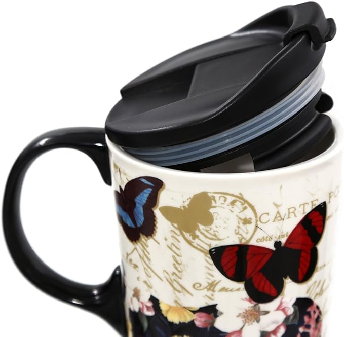 Topadorn 17oz Ceramic Travel Coffee Mug with Sealed Lid Tea Cup with Color Box, Microwave & Dishwasher Safe Unique Mug, Holiday Gift Her Him, Flower & Butterfly