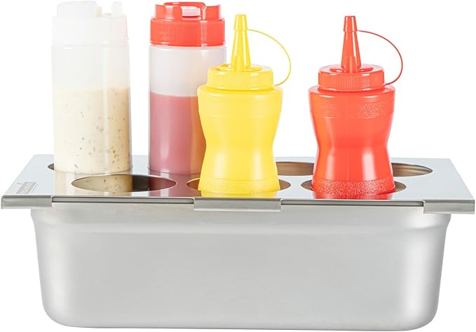 Restaurantware Squeeze Bottle Template Pack of 1 Stainless Steel 7 Hole Holder Top, 2.5" and 2.93" Diameter Fits 1/3 Size Food Pans, Dishwasher Friendly Integrated Lip Design Holder Top