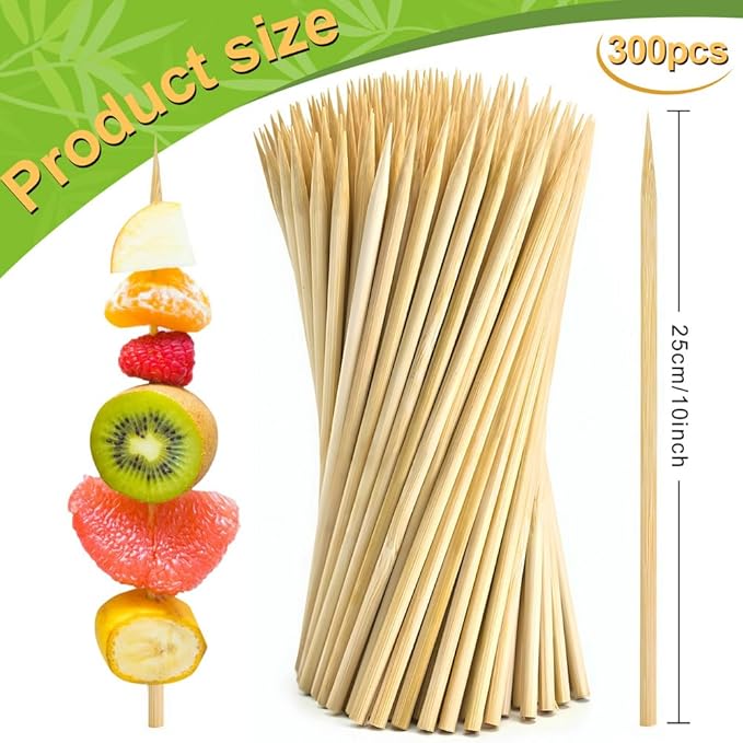 300 Pcs 10 inch Natural Bamboo Skewers, Φ=4mm, PEOUWNES Food Sticks for Appetiser, BBQ, Fruit，Cocktail, Grilling Kebabs, Bouquet, Chocolate Fountain, Corn Dog, Kitchen, Barbecue, Crafting and Party