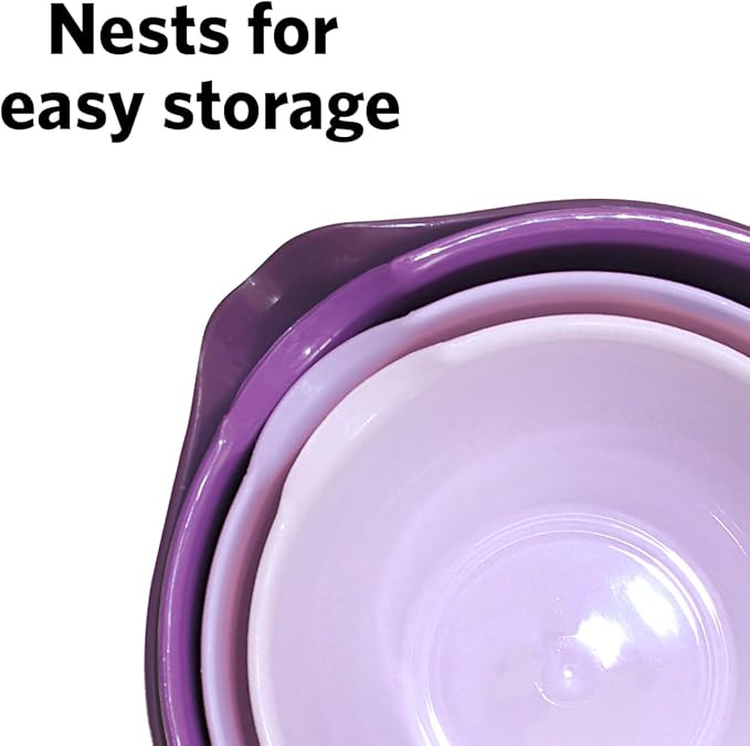 Glad Mixing Bowls with Pour Spout, Set of 4 - Nesting Plastic Bowls (1.2qt, 1.9qt, 2.8qt, and 3qt with Handle) - Non Slip Base, Dishwasher Safe Kitchen Cooking and Baking Supplies, Purple