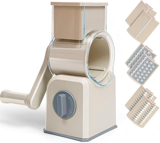 Rotary Cheese Grater with Hand Crank, Multi-Purpose Shredder Slicer with 3 Interchangeable Stainless Steel Blades for Shredding, Slicing, and Grating Cheese, Vegetables, and Fruit (Beige)