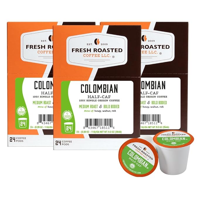 Fresh Roasted Coffee,100% Water Processed Half-Caf Colombian, Kosher, K-Cup Compatible, 72 Pods