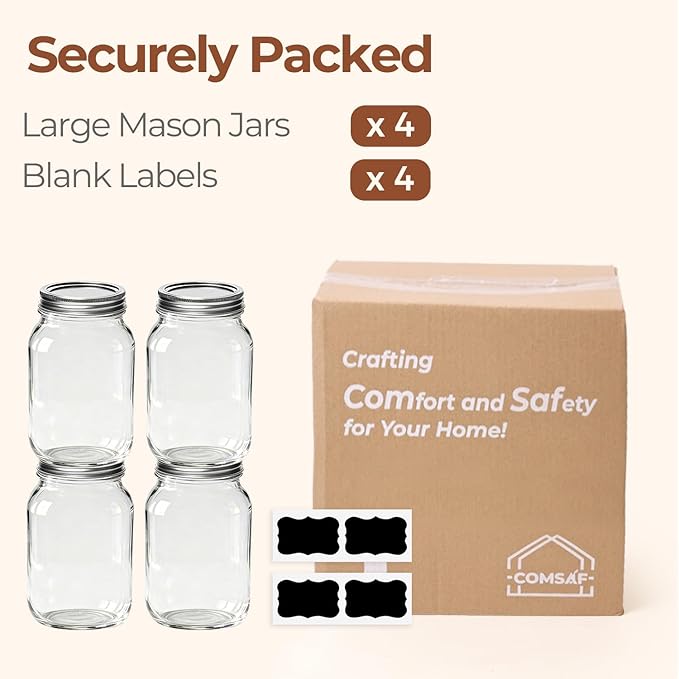 ComSaf Wide Mouth Mason Jars 32 oz with Lids 4 Pcs, Quart Mason Jars with Seal Band, Large Glass Jar, Big Canning Containers for Pickles, Jams, Sauces, Salsa, Sourdough, Juice, Suntea, Food Storage
