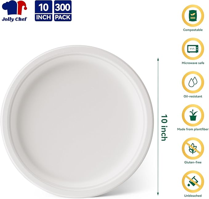 JOLLY CHEF Compostable Heavy Duty Plates 𝟭𝟬 𝗜𝗻𝗰𝗵 [𝟯𝟬𝟬 𝗣𝗮𝗰𝗸] Eco-Friendly Disposable White Paper Plates Made of Bagasse Biodegradable Bulk for Party Dinner Sugarcane Thanksgiving Day