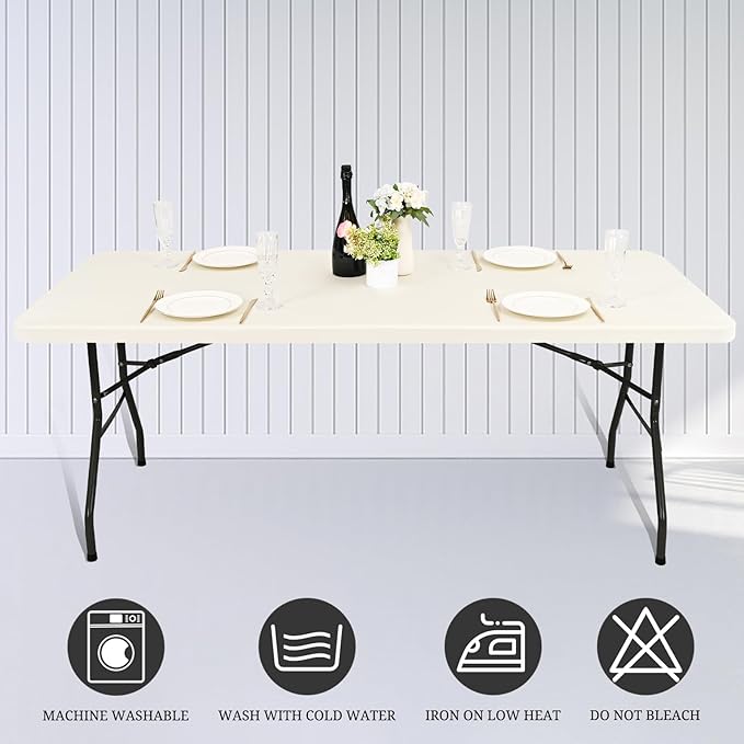 6 Pack Stretch Fabric Table Top Cap Cover, fits 6' Tables, Spandex Table Covers Washable Elastic Rectangle Tablecloth Protector for Indoor Outdoor Party Picnic Wedding, Ivory, 30" W x 72" L