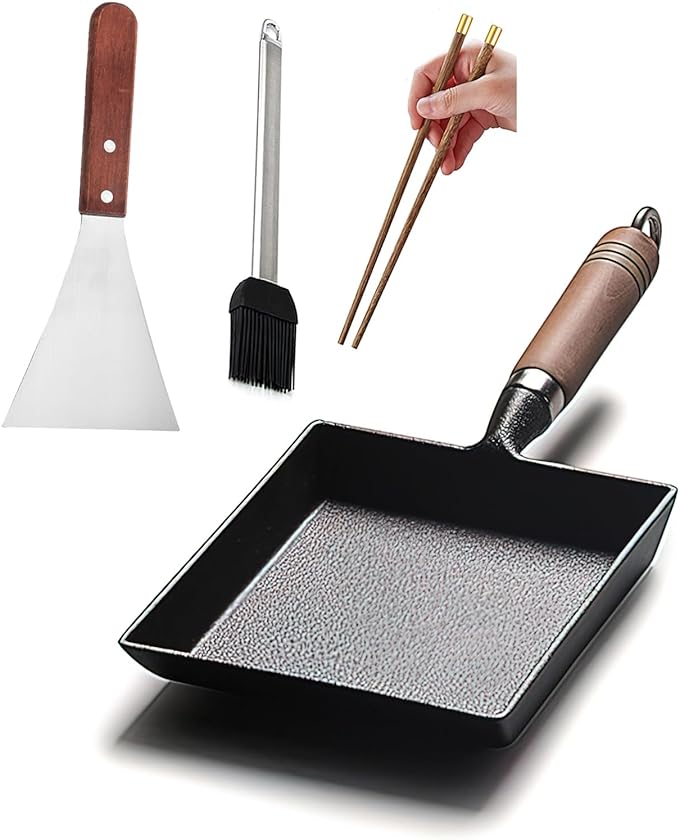 LI-GELISI Pre-Seasoned Cast Iron Tamagoyaki Pan - 9x7 Inch Japanese Rolled Omelet Pan, Non-Stick & Rust-Resistant, Ready to Use with Wood Handle, Works on All Stovetops, Camping & Kitchen