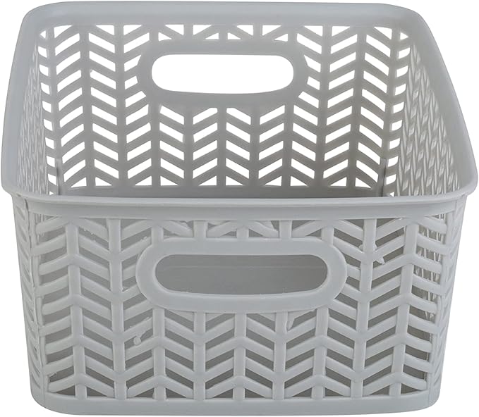 Simplify 3 Pack Small Herringbone Storage Basket | Dimensions: 10"x8"x4" | 2 Open Handles | Lightweight | Grey | Herringbone Design | Home Organization