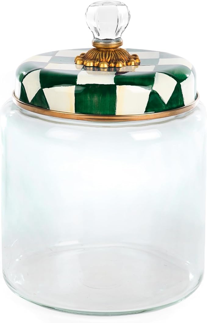 MACKENZIE-CHILDS Large Kitchen Canister, Decorative Glass Storage Jar with Lid, Green-and-White Emerald Check