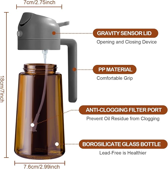 YARRAMATE 16oz/470ml Dark Brown Oil Sprayer for Cooking with Stickers, Food-grade Premium 2 in 1 Olive Oil Dispenser Bottle for Kitchen Gadgets, Air Fryer, Salad, Frying, BBQ (Grey)