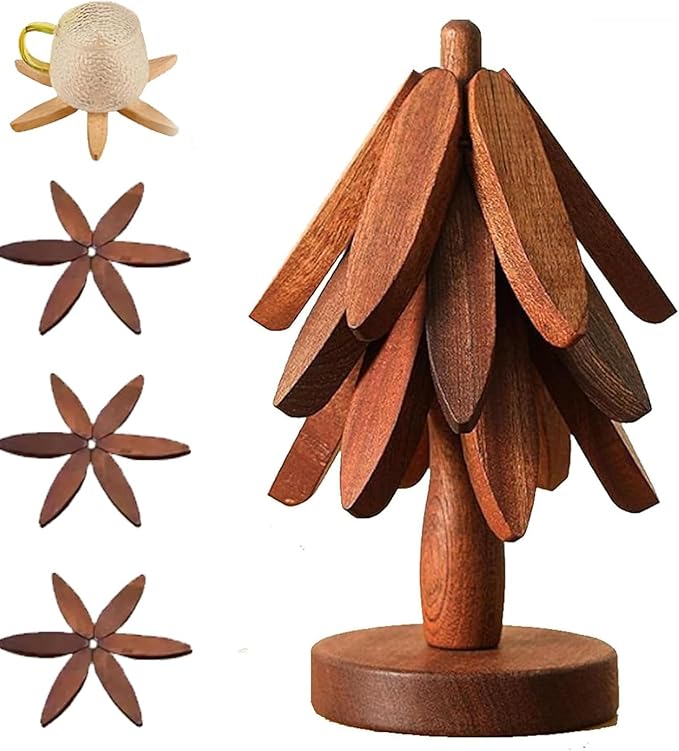 Natural Wood Tree Trivet Set, 𝐍atural Tree Trivet Set - 4 Wooden Trivets,4 Wooden 𝐓rivets & 1 Stand Like a Christmas Trees,for Hot Dish,Pot,Bowl,Teapot,Hot Pot Sets (Walnut Finish 3 Trivets,2set)