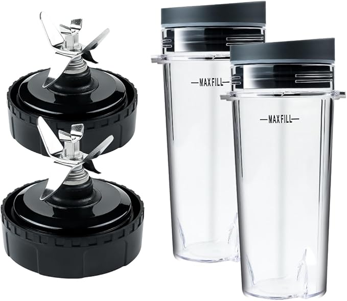 Cups Compatible with Nutri Ninja blender,Ninja smoothie blenders,2 Pack 6 Fins Blade Assembly and 2pack 16 oz Cup,suitable for BL770 BL771 BL772 BL740 BL780 BL660 BL663 (3.35 inch)