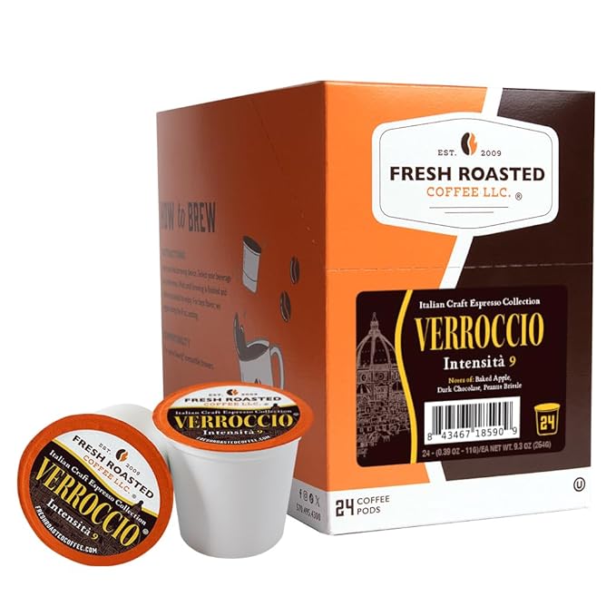 Fresh Roasted Coffee, Verroccio Italian Craft Artisan Blend, Dark Roast, Kosher, 24 Pods for K cup Brewers