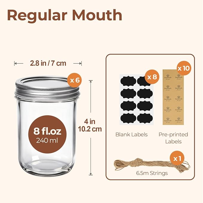 ComSaf Small Mason Jars 8 oz - 6 Pack, Regular Mouth Mason Jar with Lids and Seal Bands, Small Glass Canning Jar for Spice, Jam, Honey, Jelly, Dessert, Shower Wedding Favors, DIY Candles Decor