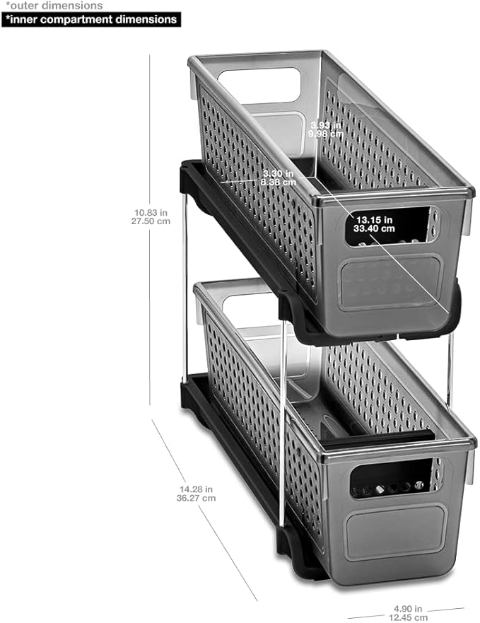 madesmart Premium Antimicrobial 2-Tier Mini Organizer Multi-Purpose Slide-Out Storage with Handles and Dividers for Home and Bath, Pack of 1, Carbon