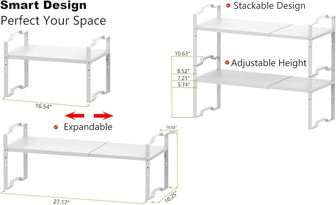 Expandable Shelf for Cabinet Organizer Adjustable Stackable Spice Rack at Kitchen and Bathroom More, Counter Countertop Cupboard Organization Pantry Storage(LARGE/1PACK/WHITE)