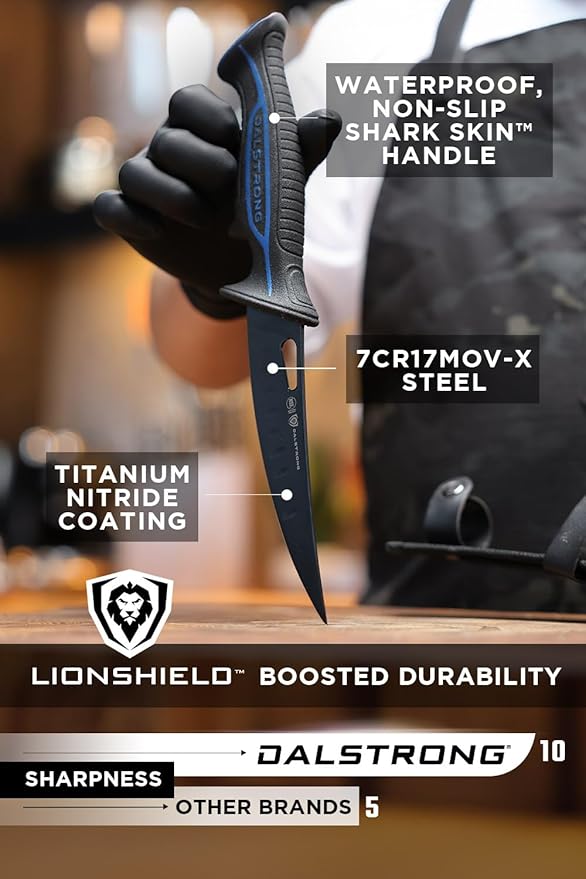 Dalstrong Curved Boning Knife-6”-Night Shark Series-7CR17MOV High Carbon Steel - Titanium Coated Blade Fillet Knife for Meat for Outdoors & Fishing-Polypropylene Handle-w/Sheath-NSF Certified
