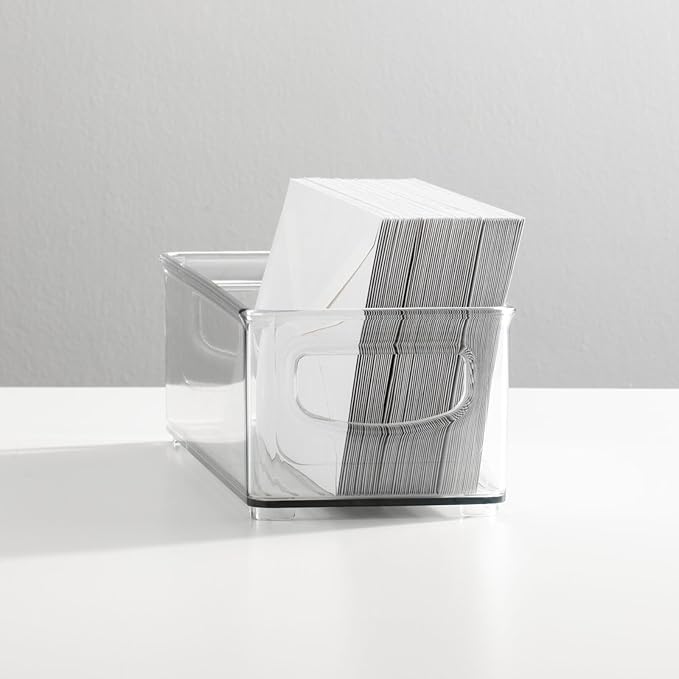 mDesign Small Plastic Office Storage Container Bins with Handles for Organization in Filing Cabinet, Closet Shelf, or Desk Drawers, Organizer for Notes, Pens, Pencils, Ligne Collection, 2 Pack - Clear