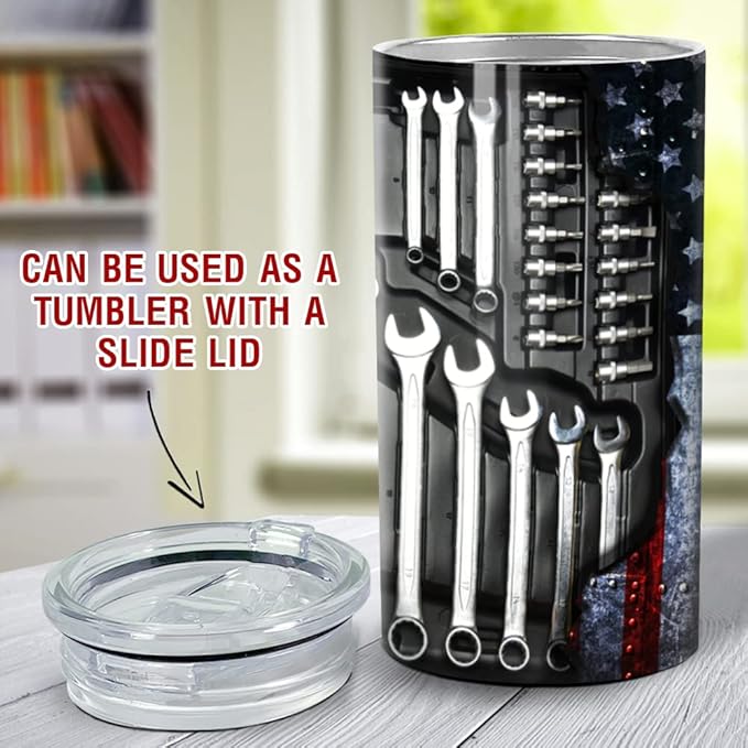 SANDJEST Mechanics Tumbler Machanic Dad Tool Box 4 in 1 12oz Tumbler Can Cooler Coozie Skinny Stainless Steel Tumbler Gift for Daddy Father Papa Christmas Birthday Fathers Day