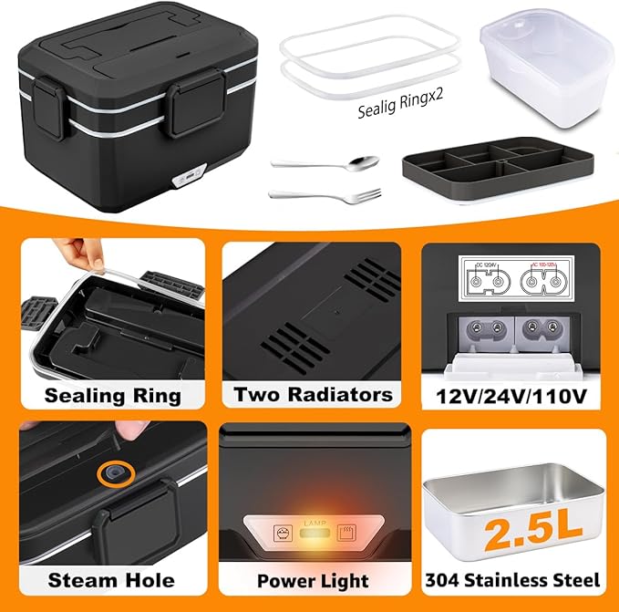 Nifogo Electric Lunch Box for Adults 3,5L 100W Portable Heated Lunch Box for Men 3 in 1 Portable Food Warmer 110V/12V/24V with Removable Stainless Steel Container & Bag