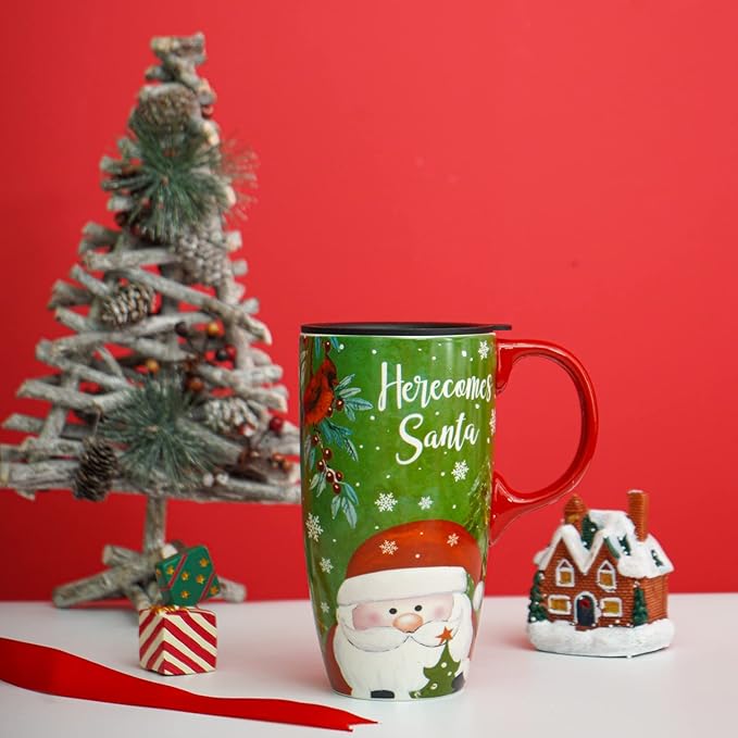 Topadorn Christmas Ceramic Mug Coffee Cup with Sealed Lid and Gift Box Latte Mug, 17oz. Here Comes Santa Claus