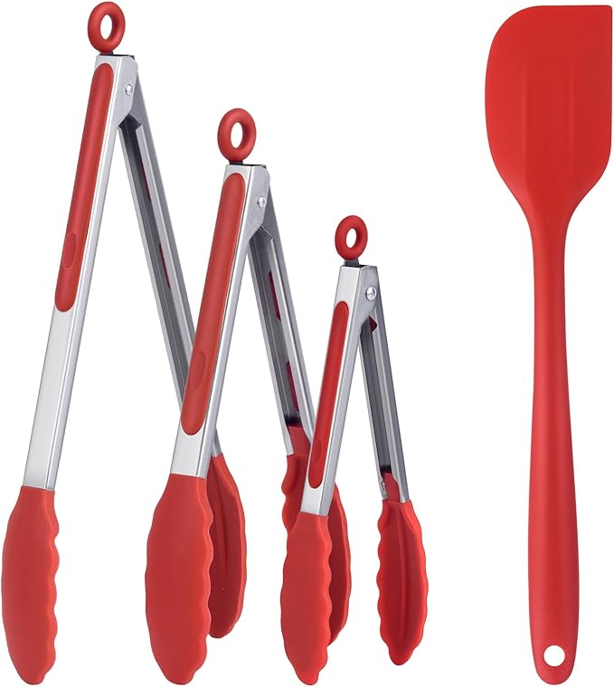 Kitchen Tongs for Cooking Locking Silicone Stainless Steel Buffet Serving Tongs, 7,9 and 12 Inch Silicone Spatula Non-stick,Heat Resistant 4 Pack