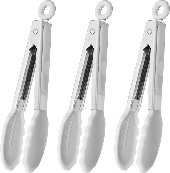 Mini Tongs with Silicone Tips 7-Inch Serving Tongs, Set of 3 (White)