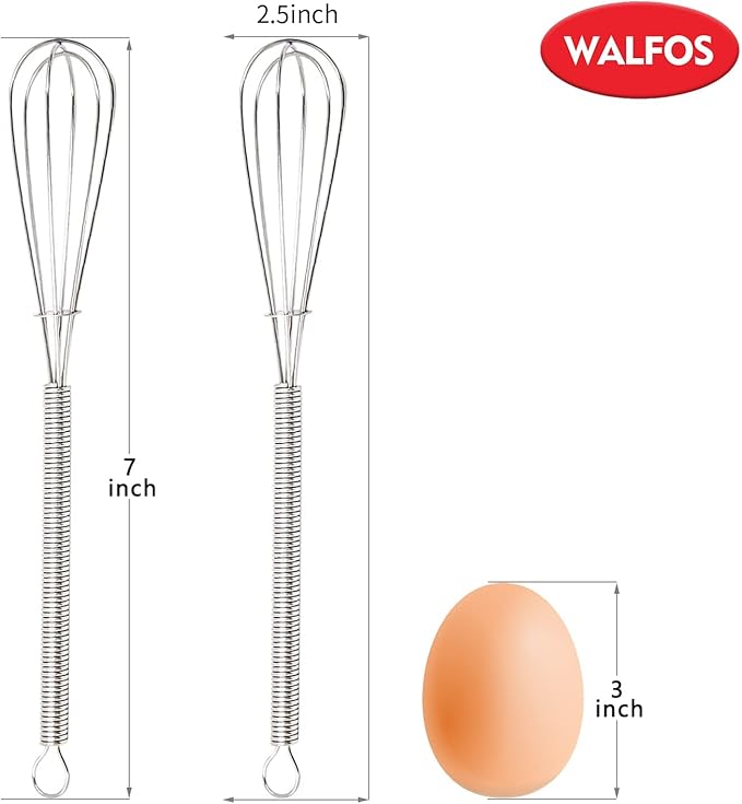 Walfos Mini Whisks Stainless Steel 6pcs; 7" - Small Whisk for Whisking, Beating Eggs, Mixing Sauces, Blending Ingredients