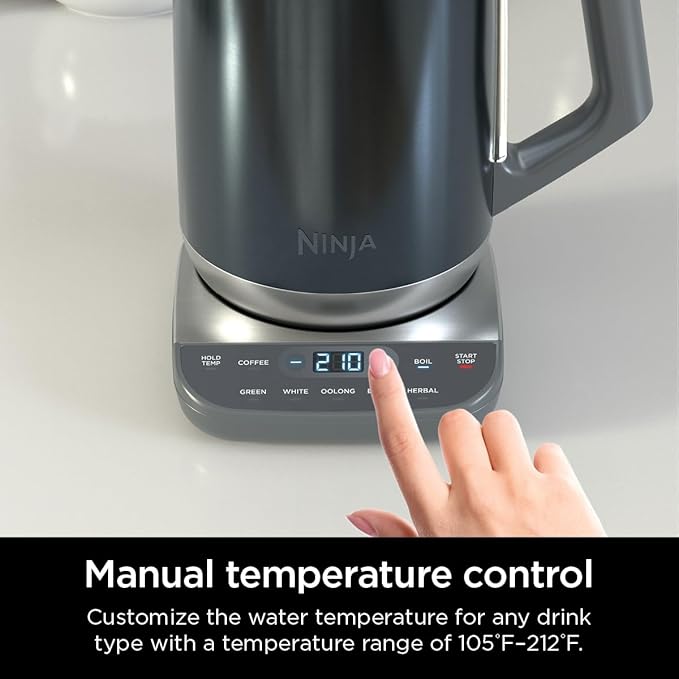 Ninja KT200BL Precision Temperature Electric Kettle, 1500 watts, BPA Free, Stainless, 7-Cup Capacity, Hold Temp Setting, Blue Stainless