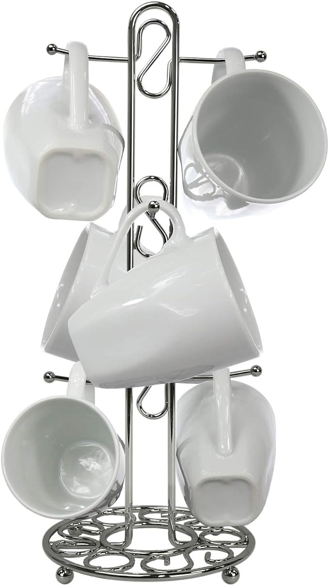Blue Donuts Farmhouse Coffee Mug Rack, Coffee Mug Tree for 6 Mugs, Coffee Cup Holders for Counter, Chrome Coffee Cup Holder Countertop Organizer for Kitchen, Vintage Mug Rack