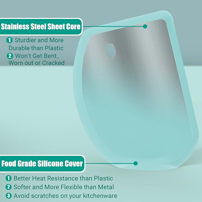 Silicone Dough Scraper with Stainless Steel Sheet, Curved Edge Flexible Bowl Scraper for Baking, Food Grade Silicone Bench Scraper for Sourdough Bread Proofing Basket, 5.98"×4.3", Mint Green, SAPID