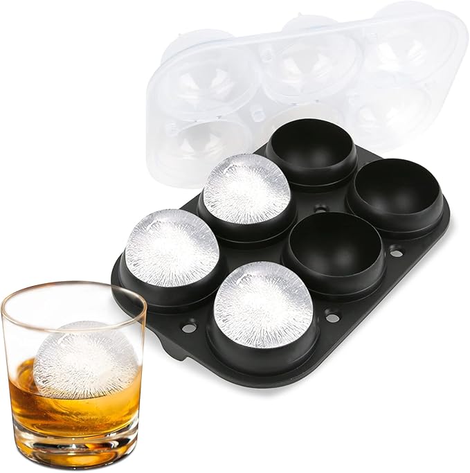 Samuelworld Large Ice Ball Maker with Lid, 6 x 2.5 Inch Ice Balls - BPA Free, Easy To Fill Round Silicone Ice Tray, Perfect Spheres Craft Ice Maker for Whiskey, Cocktails, Gifting - Black