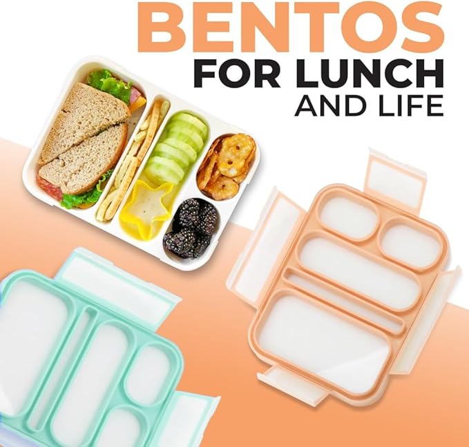 Kinsho Bento Box for Adults and Kids, Leakproof Lunch-Boxes with Custom Fit Spoon and Fork, Portion Control Container, BPA Free, Green + Orange, 5 Compartments, 2 Pack