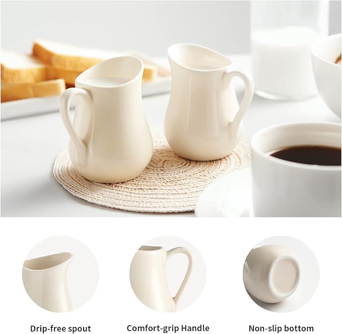 Gurygo 4 Ounce (Set/2) Ceramic Creamer Pitcher with Handle, Small Classic White Fine Porcelain Creamer Container, Small Milk Pitcher for Coffee Milk, Microwave & Freezer Safe (Beige)