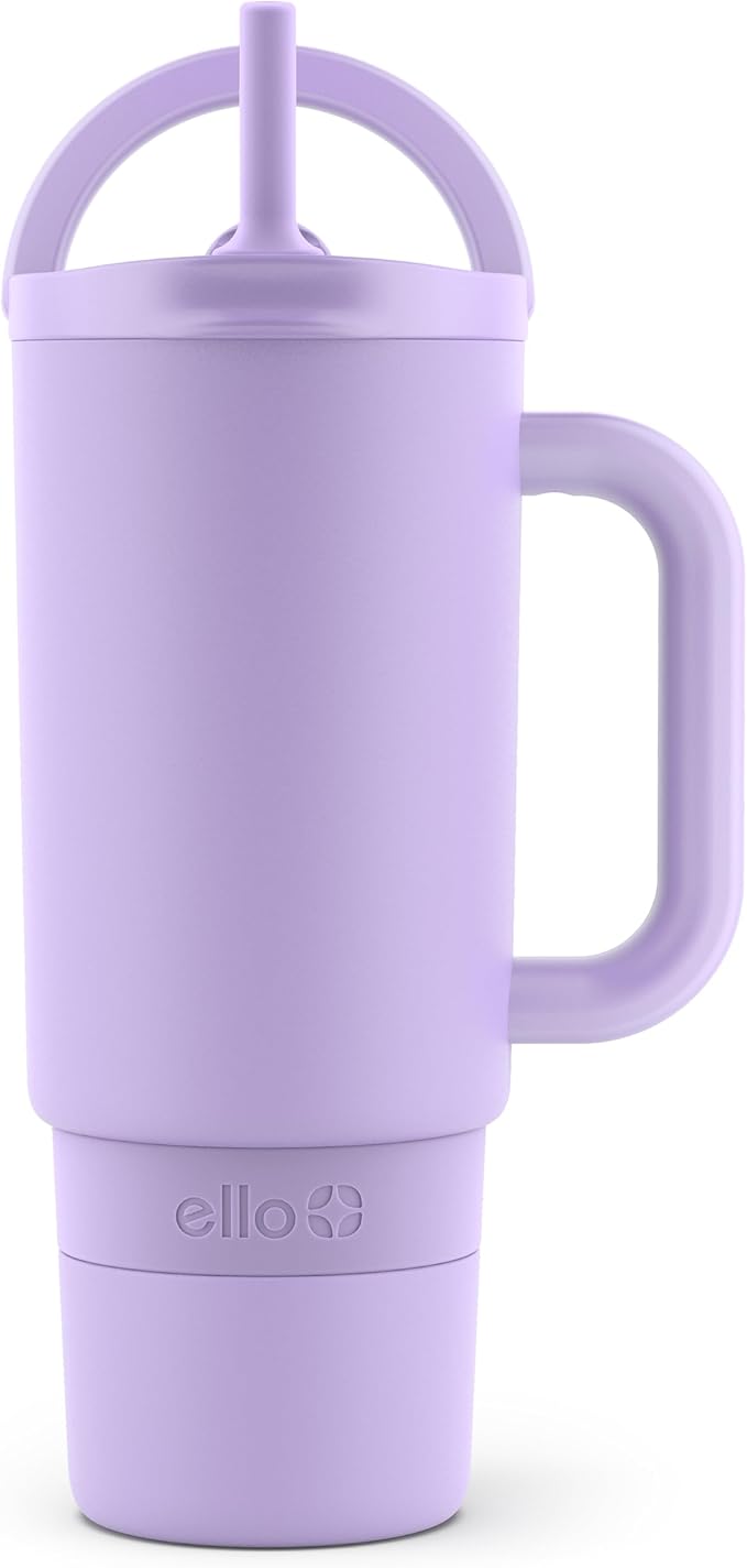 Ello Port 30oz Tumbler with Carry Loop & Integrated Handle | Vacuum Insulated Stainless Steel Reusable Water Bottle Travel Mug | Leak Proof Lid | Flexible Straw | BPA-Free | Dishwasher Safe | Lilac