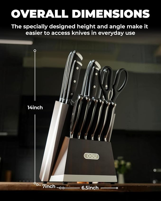 OOU 2025 Kitchen Knife Set with Block, 15-Piece German Stainless Steel Knife Blcok Set with Sharpening Rod, Ergonomic Wood Handle,Premium Razor-Sharp Knives Set for Kitchen