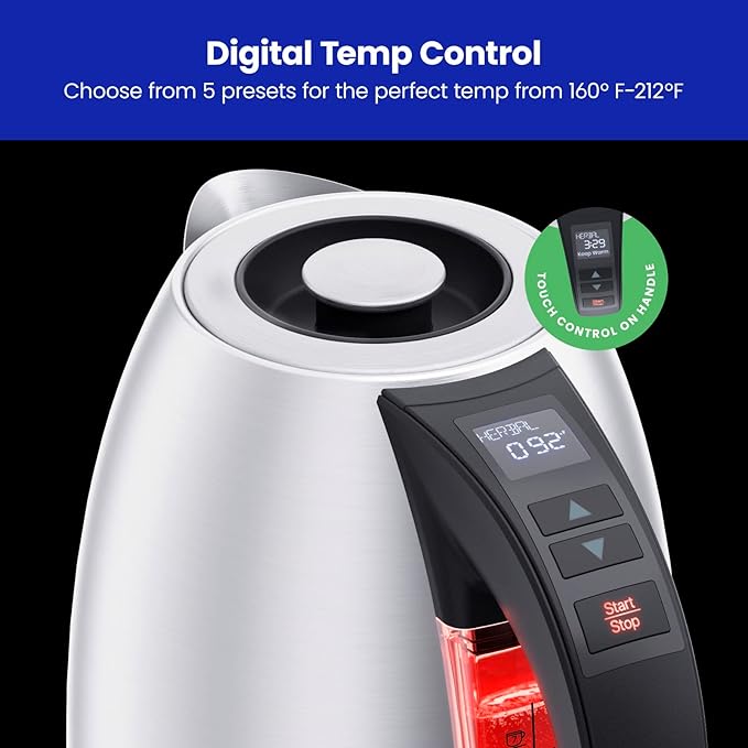 Chefman Electric Tea Kettle, 1.8 Liter Hot Water Electric Kettle Temperature Control Water Boiler with 5 Presets, Tri-Colored LED Lights, Keep Warm, Automatic Shutoff, Stainless