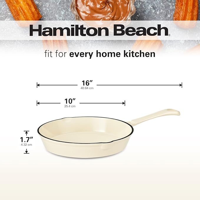 Hamilton Beach Enameled Cast Iron Fry Pan 10-Inch Cream, Cream Enamel Coating, Skillet Pan for Stove Top and Oven