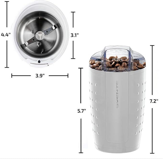 OVENTE Electric Coffee Grinder for Beans, Spices and More, 2.5Oz Compact Grinding Mill, Spice Grinder with Stainless Steel Blade, Pulse Button Operation and Transparent Easy to Open Lid, White CG225W