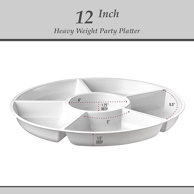 Plasticpro 6 Sectional Round Plastic Serving Tray/Platter (4, White)