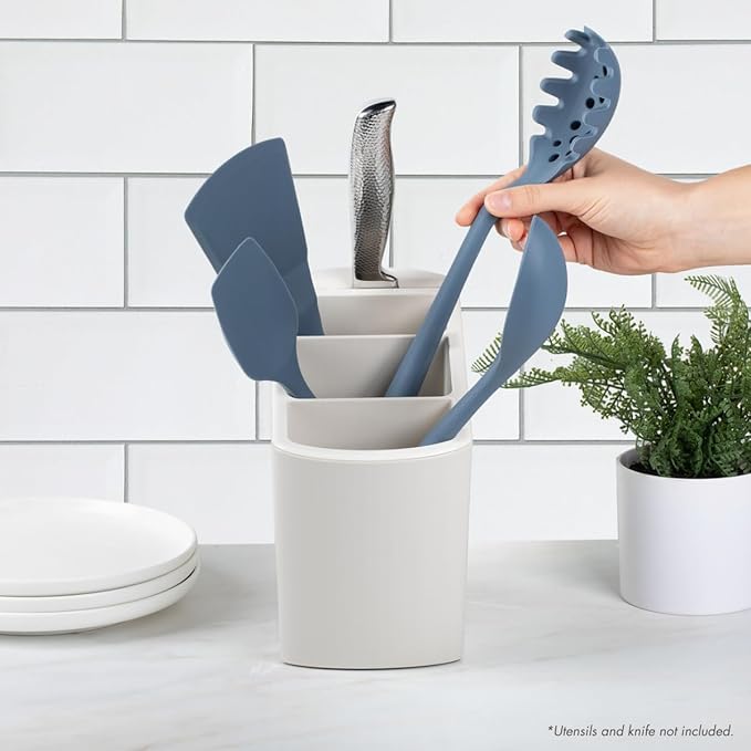Angled Utensil Holder for Countertop | Space-Saving Kitchen Organizer for Large & Small Utensils with Knife Holder | Cooking Utensil Caddy with Spoon Rest | Kitchen Essentials Under Cabinet Organizer