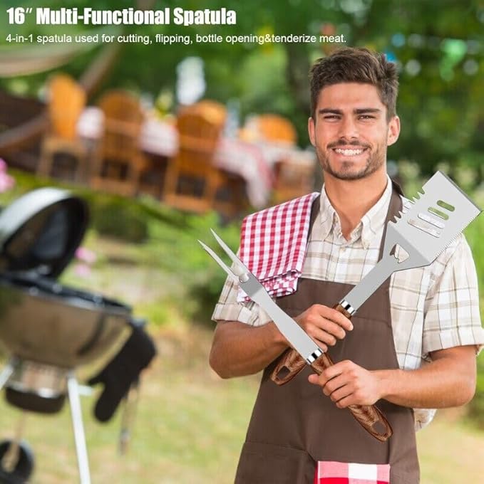31pcs BBQ Grill Accessories Set for Men Dad, Heavy Duty Grilling Tools Gifts for Christmas, Stainless Steel BBQ Utensils Kit with Mats, Grill Brush in Carrying Bag Brown