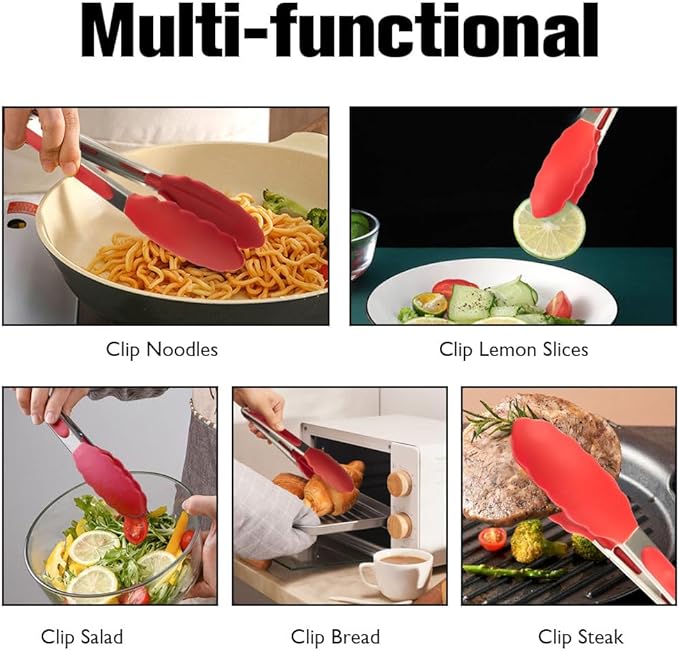 Kitchen Tongs 2 Pcs Tongs for Cooking 9 Inch 12 Inch Red Silicone Tongs Stainless Steel Locking Food Tong with Non-Slip Silicone Tips Heat Resistant Serving Tong for BBQ Grilling Salad Kitchen Utensil
