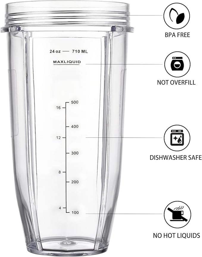[Upgraded] Replacement 24oz Cups for Nutri Ninja Blenders, Cups with 7 Fins Replacement Extractor Blade Parts fit Ninja Auto iQ BL682-30 BL642-30 BL450-30 BL455-30 BL456-30 BL482-30 BL687CO-30 etc.