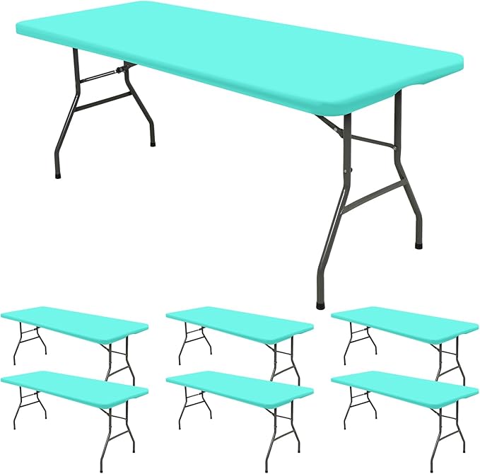 6 Pack Fitted Tablecloth for 8 Foot Rectangle Tables, Aqua Blue Elastic Outdoor Picnic Table Cover, Washable Stretch Folding Table Cloths 8 ft for Camping Party Patio Kitchen Banquet, 30" W x 96" L