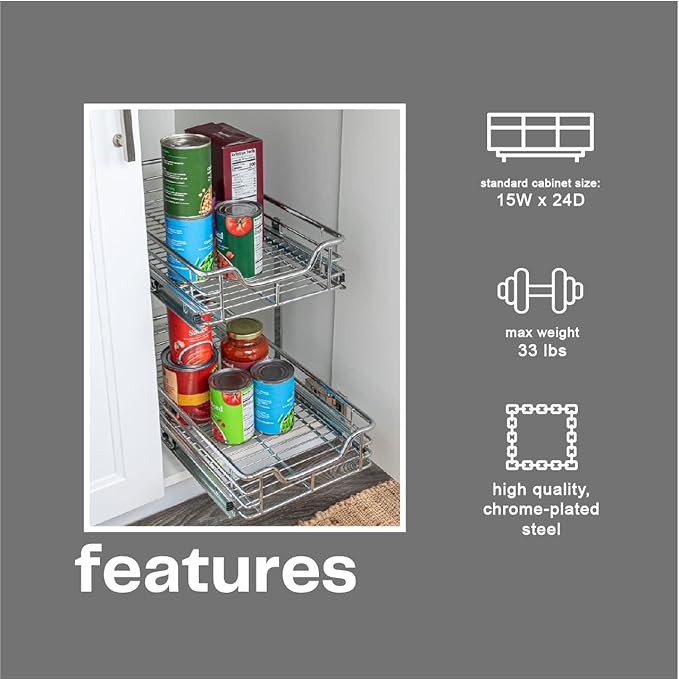 Household Essentials Glidez Multipurpose Chrome-Plated Steel Pull-Out/Slide-Out Storage Organizer for Under Cabinet Use - 2-Tier Design - Fits Standard Size Cabinet or Shelf, Chrome